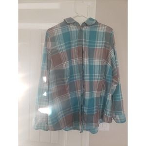 Allison Daley size 16w blue, grey and silver button down plaid womens shirt